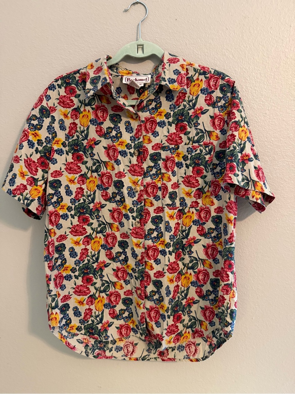 Vintage 90s Bechamel Linen Cotton Floral Button Up Shirt med Cottagecore hawaiin